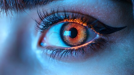 Biometric iris scanning technology for secure digital identification and authentication  Glowing close up of a human eye iris as part of a futuristic high tech security system