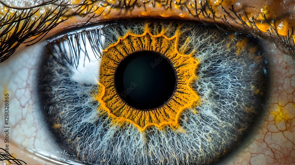 Poster macro close up view of a human iris being scanned by advanced biometric identification technology fo