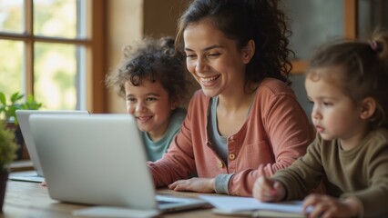 Obraz premium A Mother and Her Two Children Are Happily Participating in Online Learning