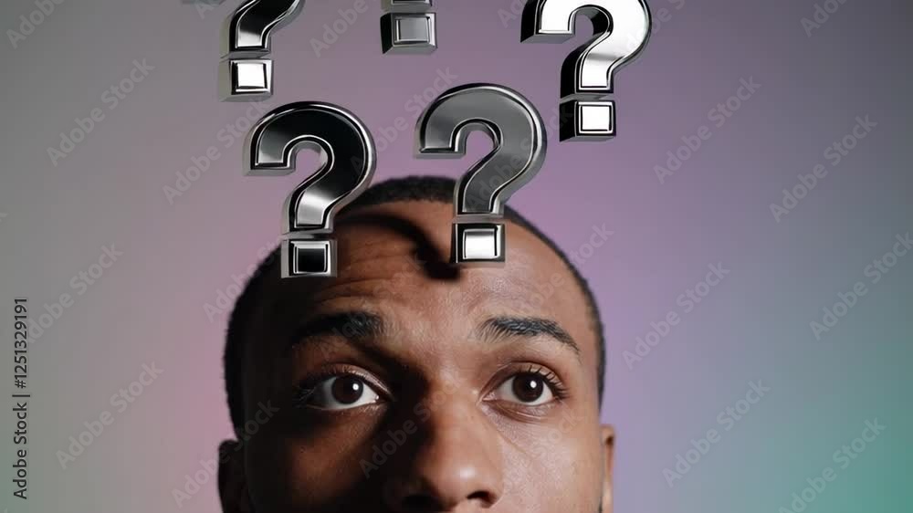 Poster Question marks float above a pensive man's head against a gradient background, symbolizing deep thought, decision making, and the search for answers