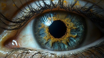 Futuristic eye iris scanning technology with intricate biometric patterns and digital security identification system