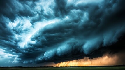 Dark, ominous storm clouds gather in the sky, churning with shades of deep gray and black, their heavy forms rolling and shifting with an eerie intensity. Flashes of lightning streak through the dense