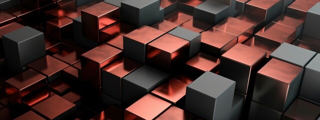 Abstract 3D Render of Interlocking Metallic Cubes in Red and Gray Hues: A Study in Geometric Design and Textural Contrast