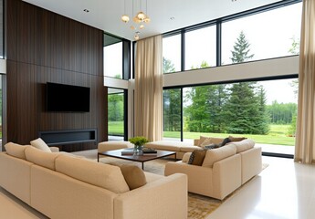 Spacious and Modern Living Room with Large Windows Overlooking Green Landscape in Bright Interior