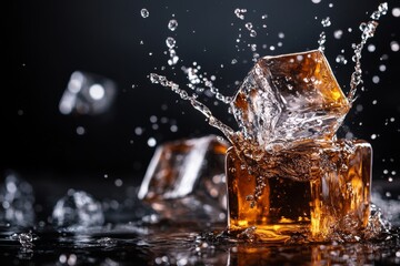 Splashing ice cubes in whiskey create dynamic patterns in dark setting