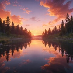 Fototapeta premium A stunning sunset over a peaceful lake reflecting the colorful sky, reflection, nature