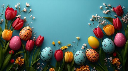 An eggstra special Easter. vibrant eggs, a sweet bunny, and tulips on a pastel blue canvas. An empty circle is ideal for conveying Easter wishes or showcasing springtime promotions.