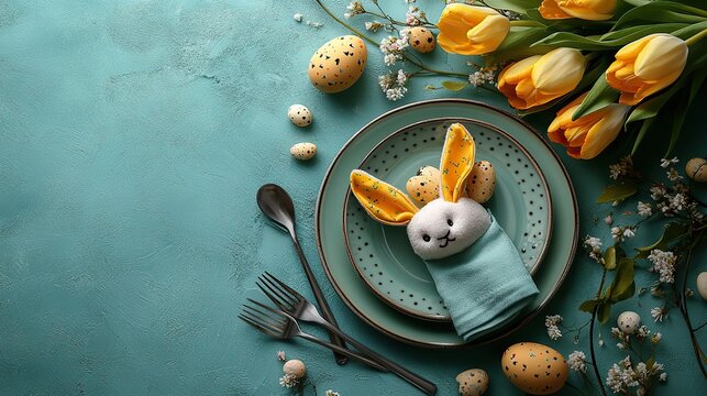 An eggstra special table of an enchanting Easter arrangement featuring a plate, bunny ears napkin, cutlery, a bouquet of fresh yellow tulips, and a pastel green background with space for text. - Powered by Adobe