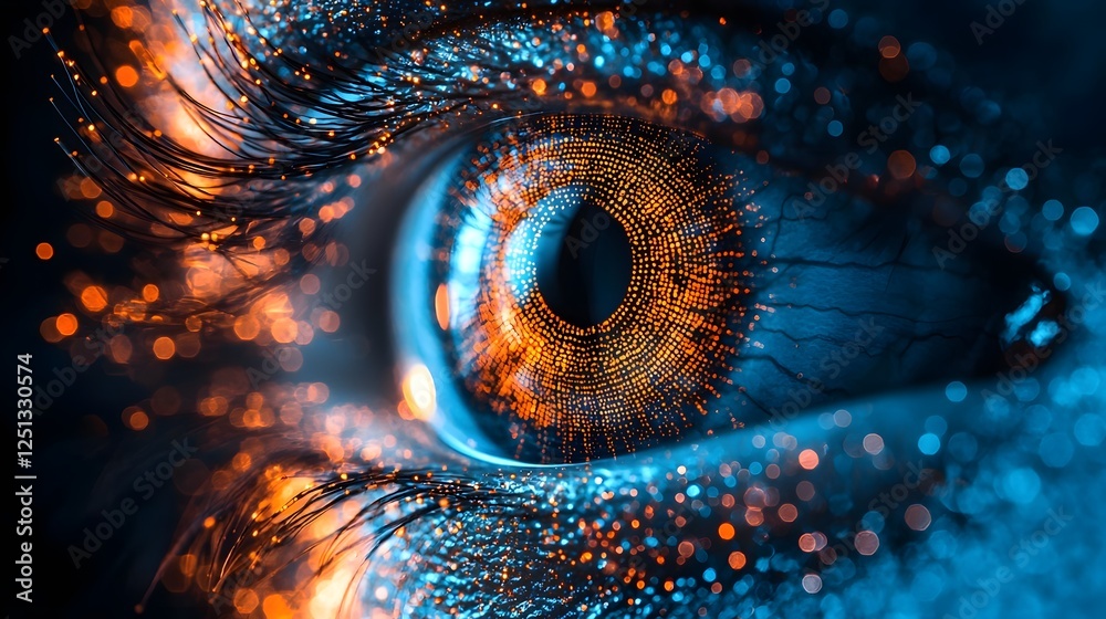 Poster closeup of a human iris with intricate details and patterns undergoing biometric recognition and ide