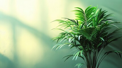 A vibrant green plant stands against a softly lit wall, creating a serene and refreshing atmosphere.