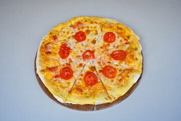 Traditional Turkish cuisine. Pizza, pita, pidesi, sucuk, hummus, kebab. Many dishes on the table. Serving dishes in restaurant. Mix, formaggi, veggie pizza. Top view, flat lay