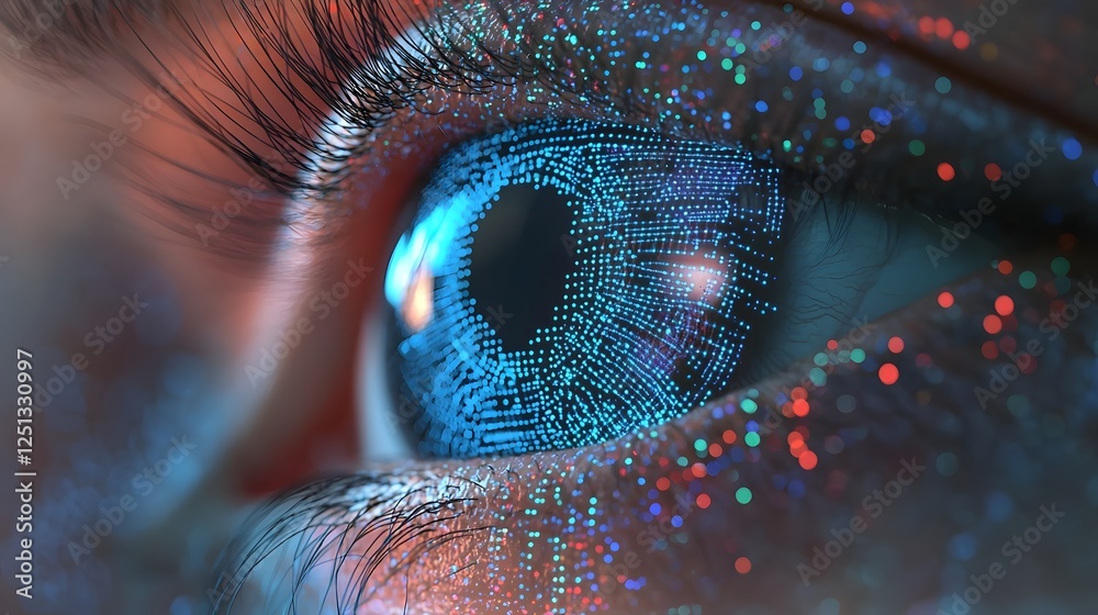 Poster a close up view of a human iris with digital scanning lines and data mapping showcasing the advanced