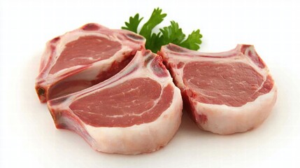 Three Raw Lamb Chops with Fresh Parsley on a White Background Ready for Cooking