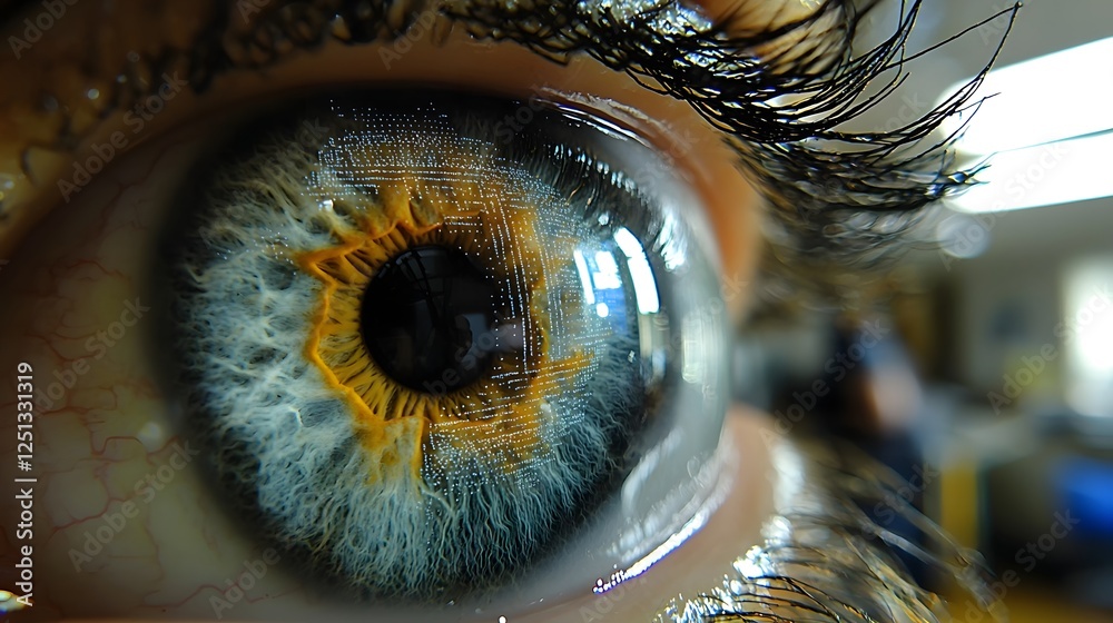 Poster detailed iris biometric recognition scan with futuristic augmented reality digital overlay showcasin
