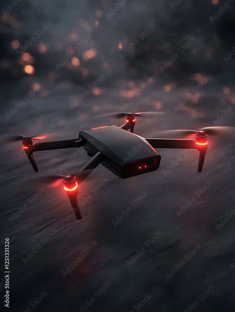 Poster futuristic drone hovering in mid-air, featuring a sleek black design, ideal for tech and innovation 