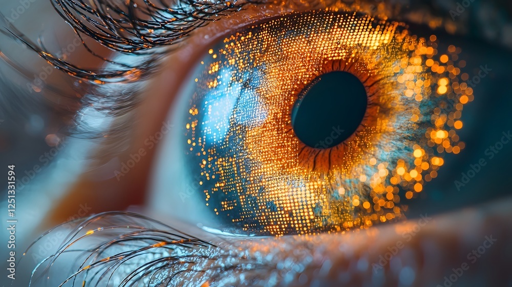 Poster digitally scanned iris with intricate abstract patterns overlaid representing the advanced technolog
