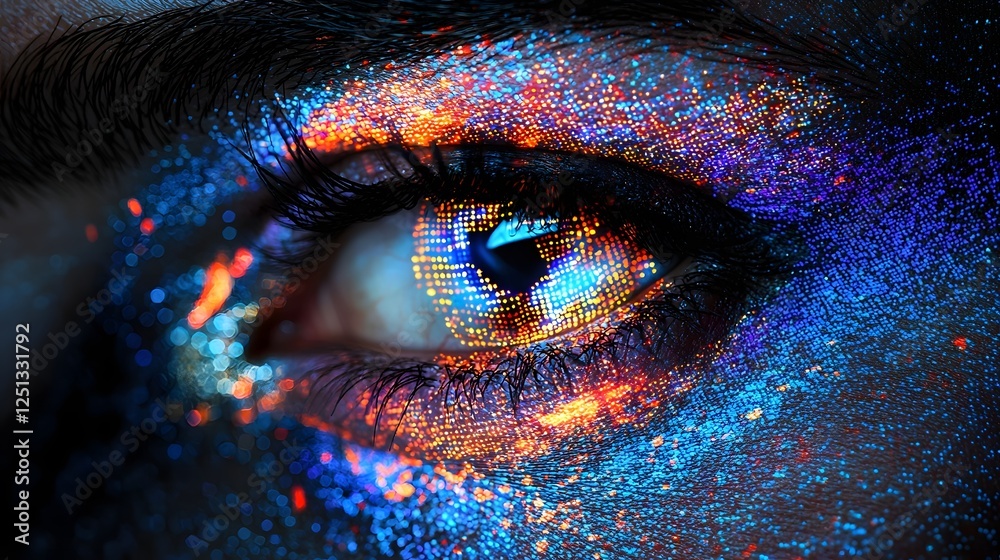 Poster biometric iris scan with overlaid abstract digital patterns and colorful neon like textures represen