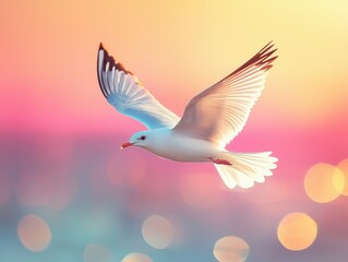 A seagull gracefully soars against a dreamy pastel sky, blending colors of pink and blue, creating a serene and uplifting atmosphere.