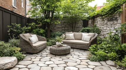 Wicker Patio Furniture In A Stone Courtyard Garden