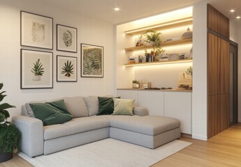 A living room with a couch, a coffee table, and a plant