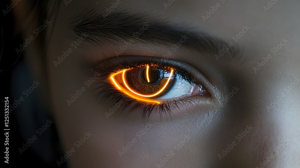 Poster closeup of a futuristic glowing iris pattern representing a biometric identification system for high