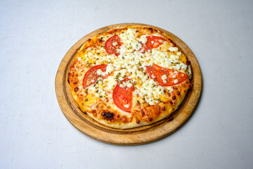 Traditional Turkish cuisine. Pizza, pita, pidesi, sucuk, hummus, kebab. Many dishes on the table. Serving dishes in restaurant. Mix, formaggi, veggie pizza. Top view, flat lay