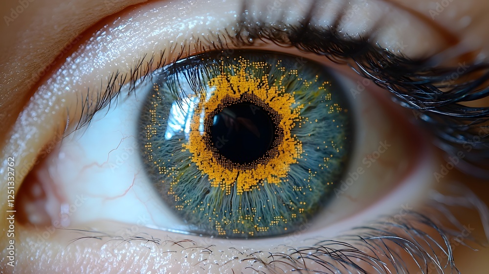 Poster closeup view of the iris of an eye undergoing biometric scanning and analysis for secure identity ve