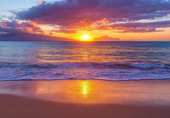 The sun is setting over the ocean, casting a warm glow on the water