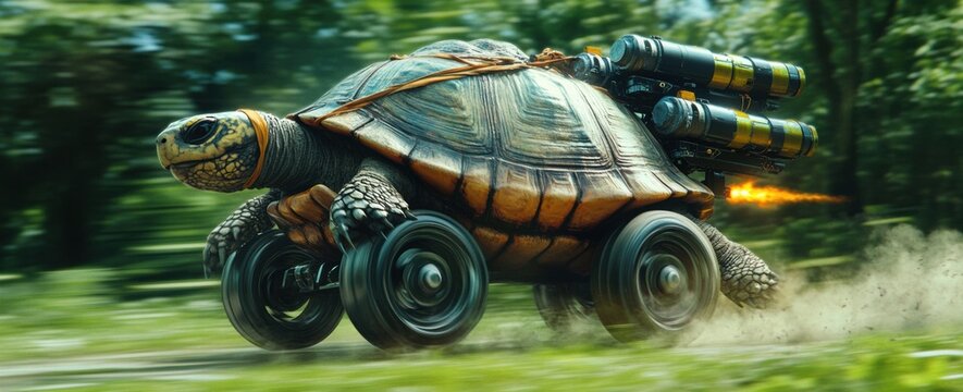 A turtle is driving a car with a rocket on top