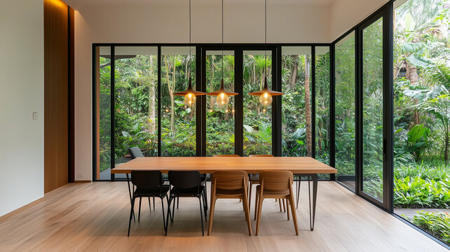 Modern dining room with large windows overlooking lush greenery, featuring wooden table and stylish chairs, creating serene and inviting atmosphere