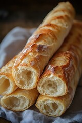 Golden Crust French Bread Baguettes Stacked on Linen Cloth Freshly Baked Culinary Still Life