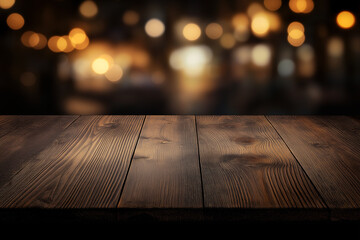 Empty wooden table top with a blurred background of a bar or restaurant interior at night. Exuberant background, blurred lights, and bokeh.