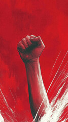A red poster with a fist raised in the air