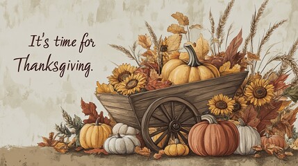 illustration of an old wooden wheelbarrow overflowing with autumn harvest, including pumpkins, surrounded by sunflowers, script text "It's time for Thanksgiving."