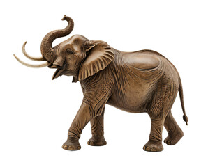 A detailed, brown elephant statue stands on all fours, with its trunk raised and tusks visible, against a white background, emphasizing its grandeur and majesty