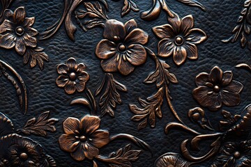 Fototapeta premium Ornate Metalwork with Floral Design in Bronze and Black Creates a Rich Textured Surface