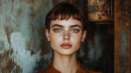 Fototapeta premium Confident Woman with Sienna Skin and Focused Eyes in Deep Background Setting
