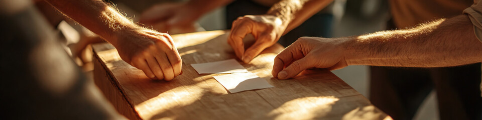 Obraz premium Hands and Papers on Wooden Surface
