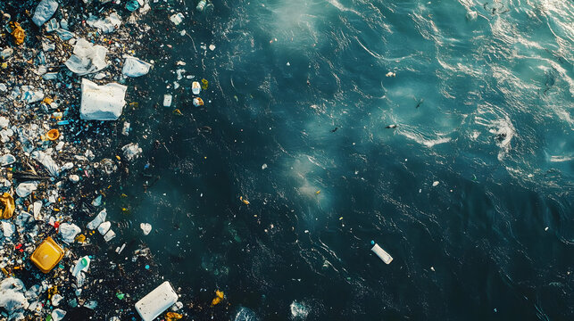 Overhead view of polluted ocean waters, with plastic and trash floating, emphasizing the urgent need for addressing water pollution.