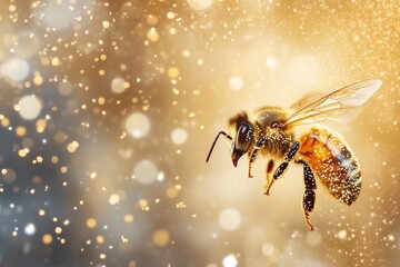 Naklejka premium Bee flying through a shimmering golden background during the day capturing the beauty of nature and its intricate details