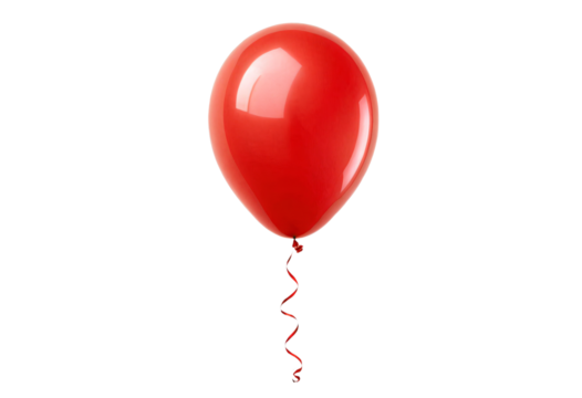 A single, shiny red balloon with a red ribbon is floating in the center of a white background, creating a sense of movement and joy