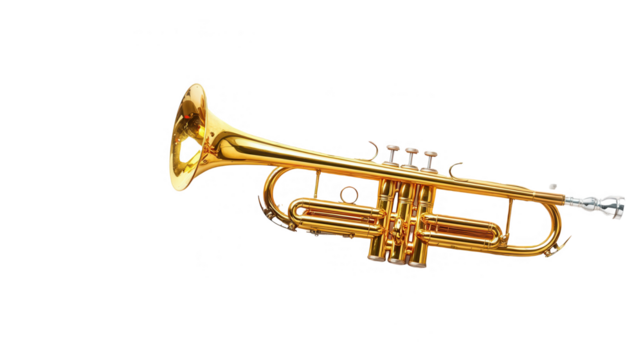 Cinco de Mayo PNG file of a trumpet surrounded by colorful confetti, representing mariachi music, isolated on white background - Powered by Adobe