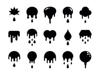 A collection of simple, black and white dripping liquid shapes on a white background.