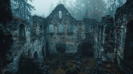 Misty ruins of an ancient stone building.