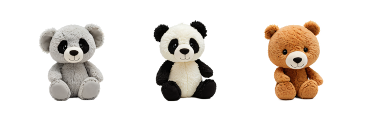 Three plush pandas of varying sizes and colors are arranged in a row against a white background, each with distinct features and positions, creating a visually appealing and harmonious scene