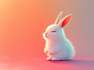 A fluffy white rabbit sits peacefully, with closed eyes, against a soft, colorful gradient background, evoking a serene and whimsical mood.