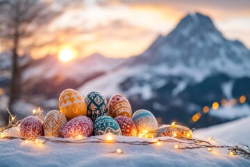 Colorful easter eggs arranged in snow with mountain backdrop during sunset in a serene winter landscape
