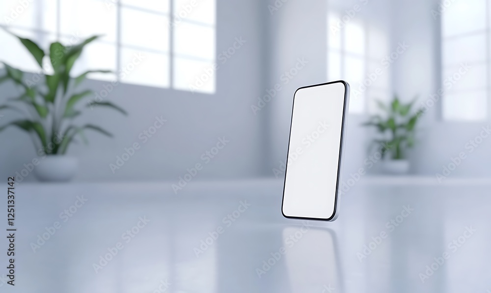 Poster a futuristic smartphone featuring a blank white screen, ideal for showcasing app designs or technolo