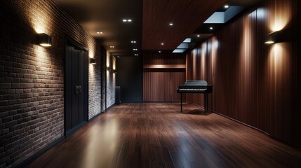 Modern music room with harpsichord, brick wall, wood paneling