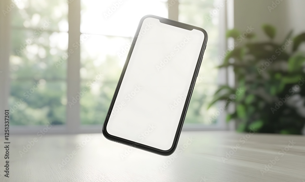 Poster a modern smartphone featuring a blank white screen, ideal for showcasing app designs or product mock